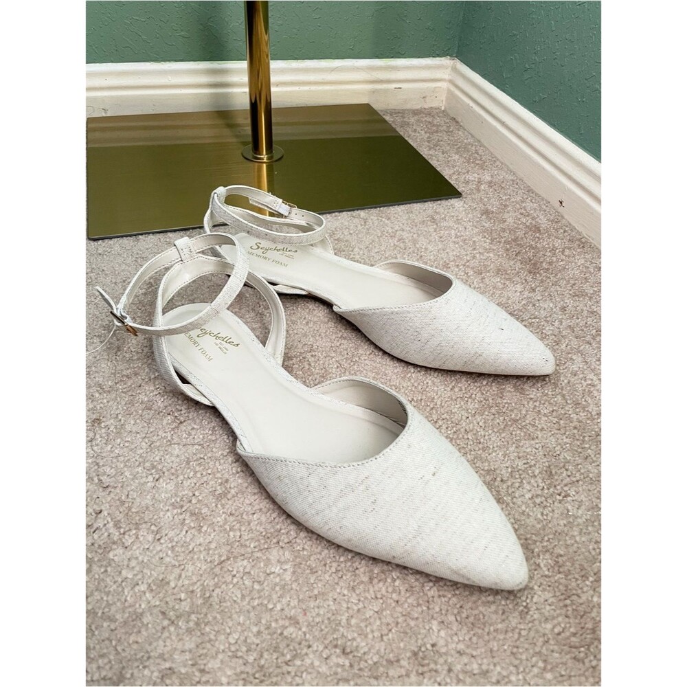 New Seychelles Memory Foam Footbed Pointed Toe Linen Strap Flats Size 10M Cream